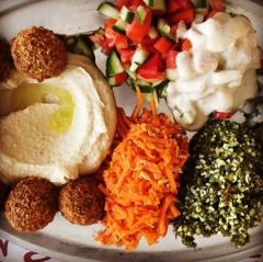 Felafel, hummus, Israeli salad, tahini, carrot salad, tabouleh and cabbage salad at the Quarter Cafe in Old Jerusalem